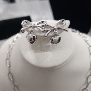 Elegant Silver Bow and Heart Earrings